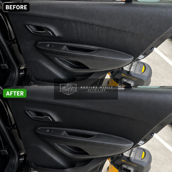 Built-up grime cleaned off the door panel for a cleaner-looking interior.
