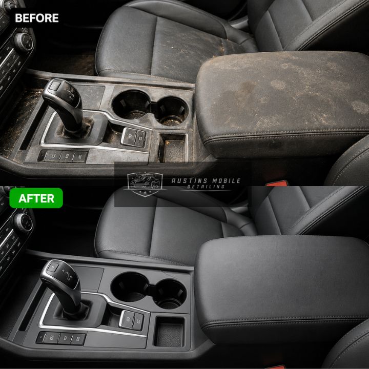 Dust, spills, and buildup cleaned from the console, cup holders, and armrest.